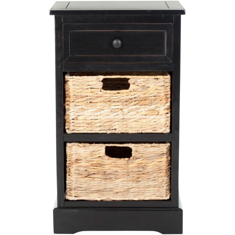 Distressed Black Pine Side Table with Wicker Storage
