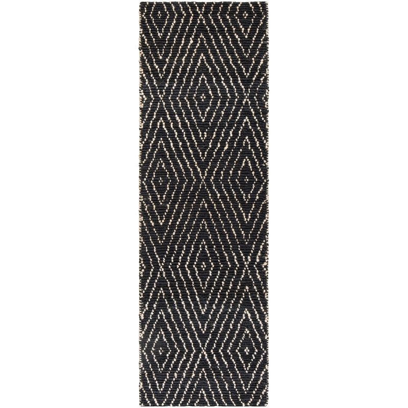 Hand-Knotted Black and Ivory Wool Geometric Runner Rug