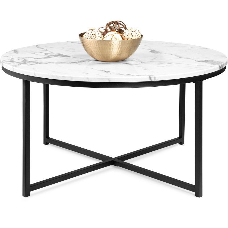 Round 36in Black Metal and Marble Coffee Table