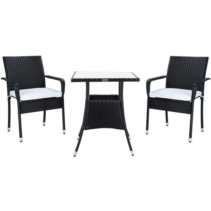 Laban 3-Piece Black Wicker Patio Bistro Set with White Cushions