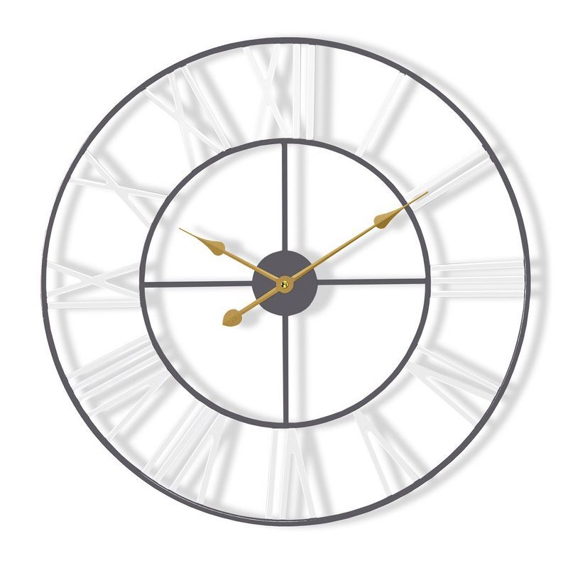 Oversized Black and Gold Metal Roman Numeral Wall Clock