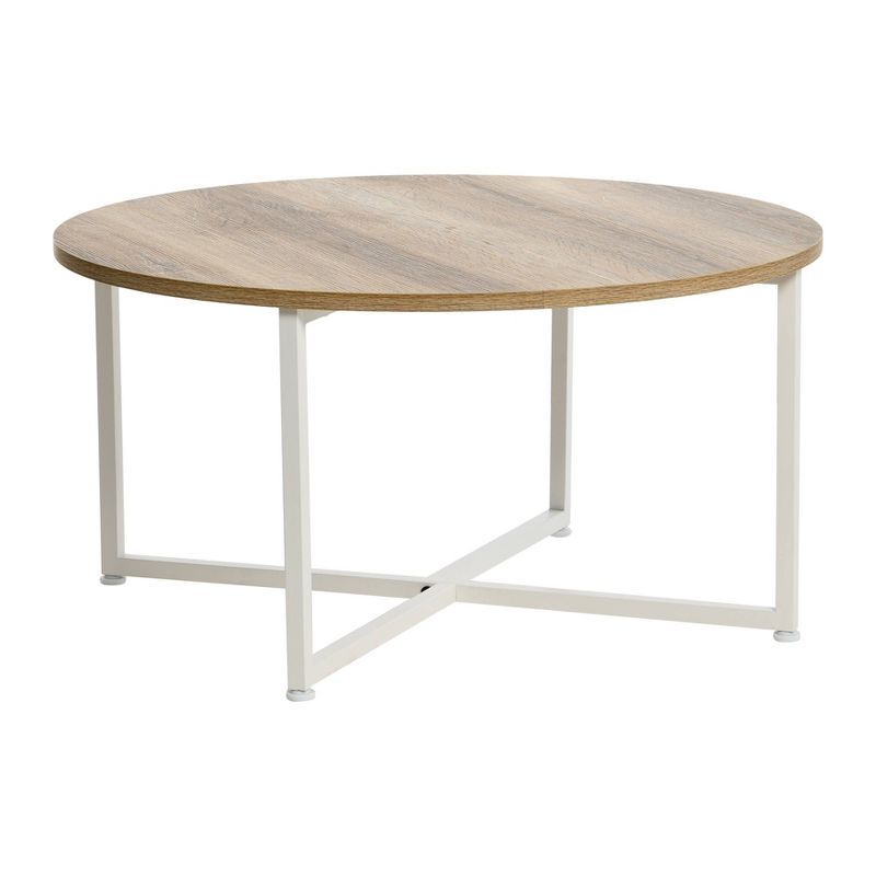 Round Coastal Oak and White Metal Coffee Table