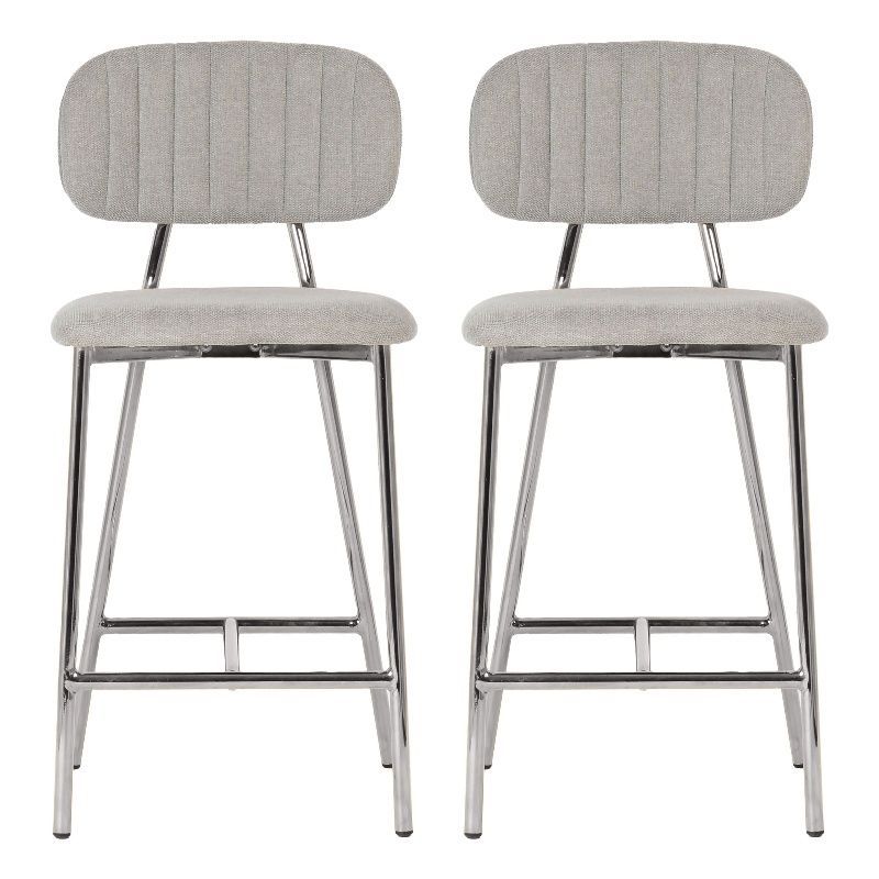 Ariana Gray Linen Channel Counter Stools with Silver Legs (Set of 2)