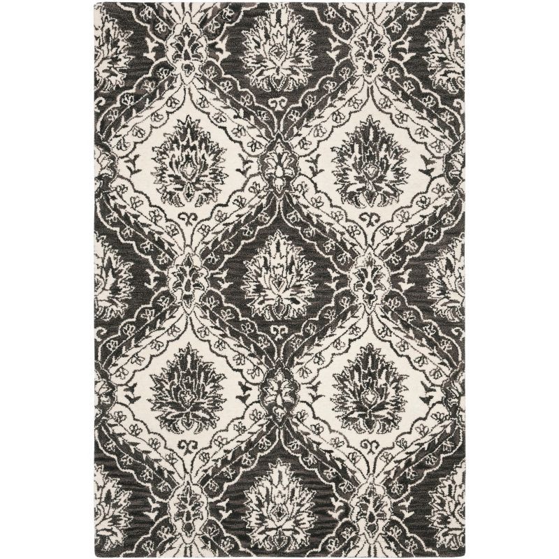 Charcoal and Ivory Floral Handmade Wool 4' x 6' Rug