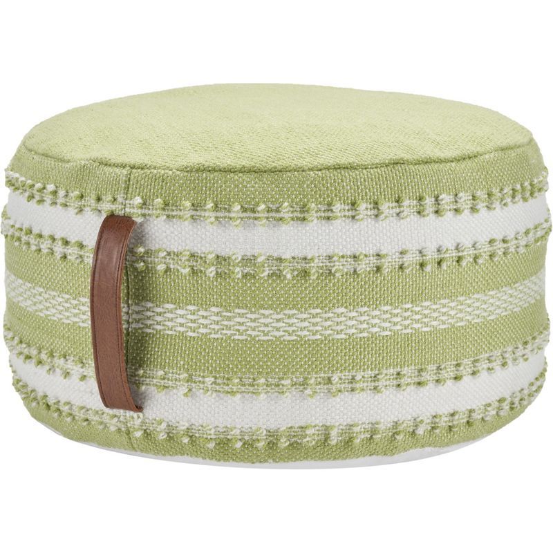 Casual Geometric Green and White Woven Outdoor Pouf 20" x 20" x 12"