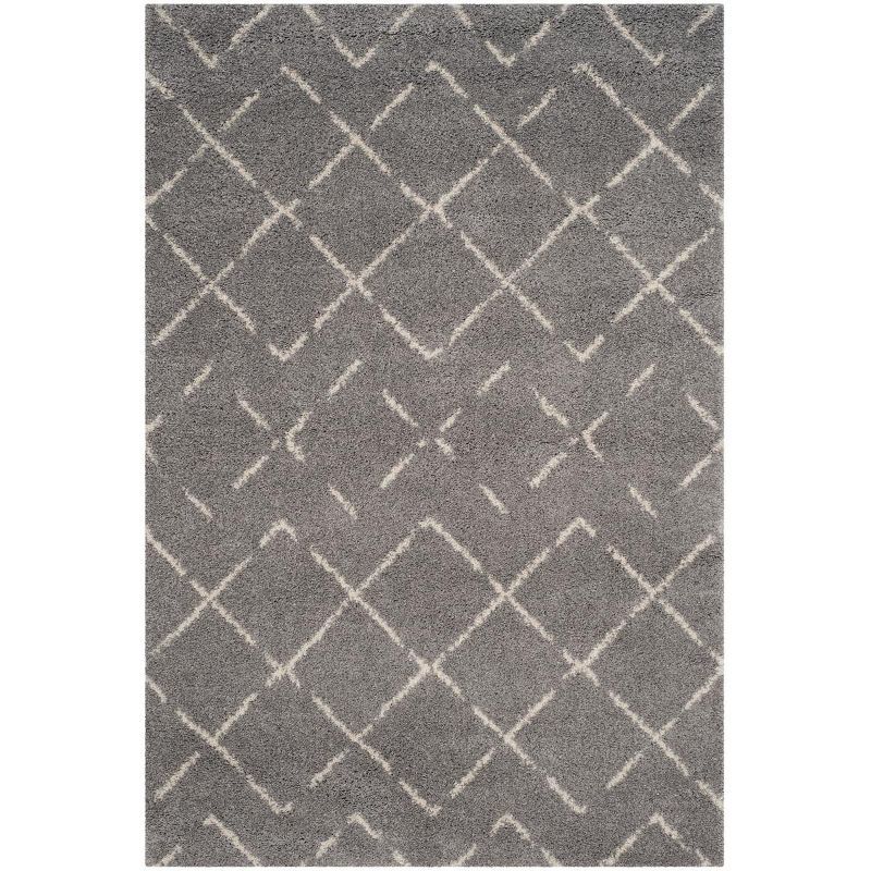 Grey and Ivory Geometric Shag 4' x 6' Area Rug