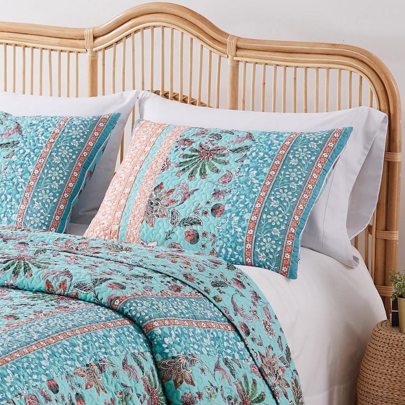 Turquoise Floral Cotton Polyester Standard Pillow Sham