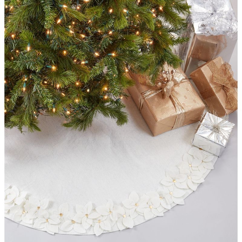 White Felt Floral Design Christmas Tree Skirt, 53 Inches