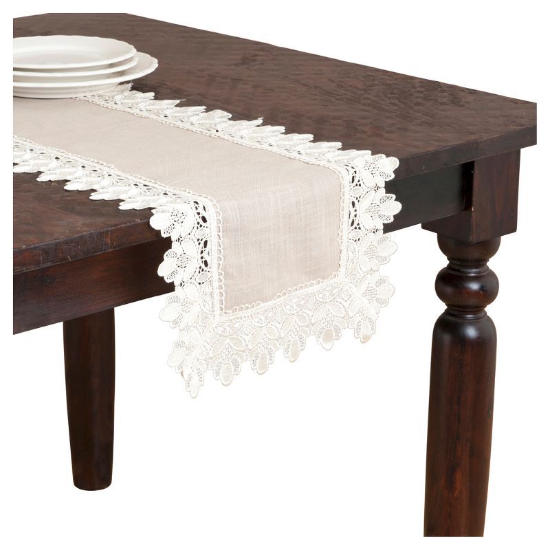 Taupe Lace Trimmed Floral Table Runner 16" x 36" Polyester