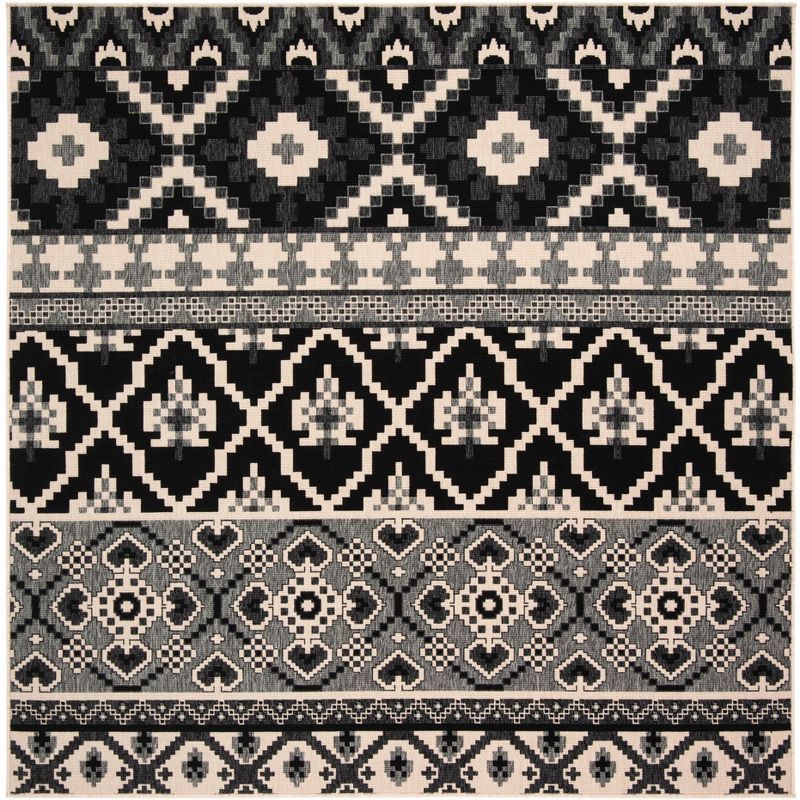 Veranda Chic Black & Beige Floral Square Outdoor Rug - 6'7"