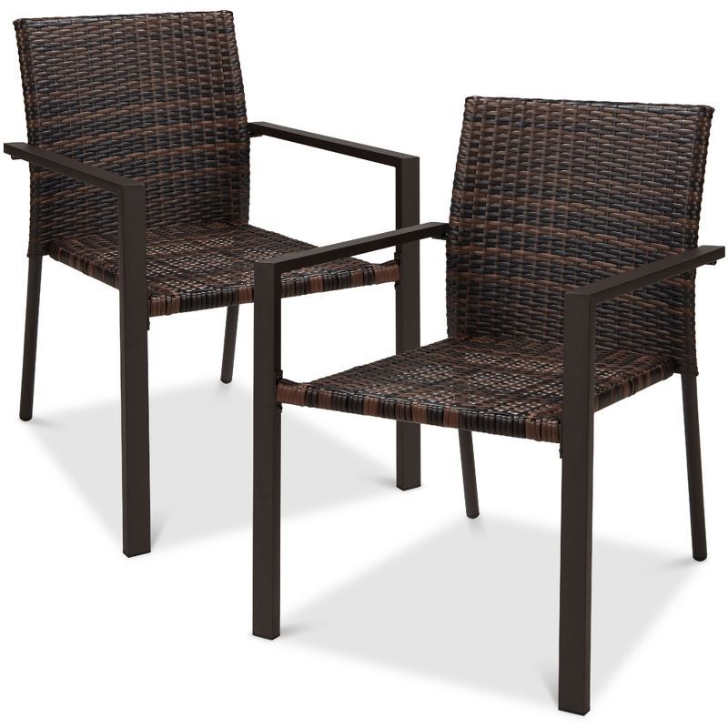 Brown Wicker and Steel Stackable Outdoor Dining Chairs, Set of 2