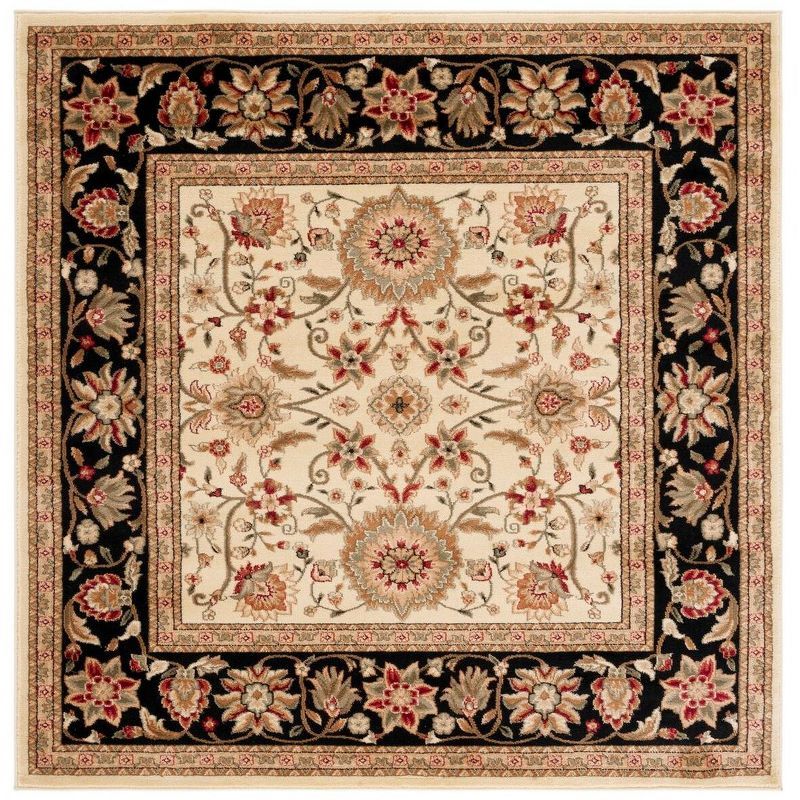 Elegant Ivory & Black Floral 8' Square Synthetic Area Rug