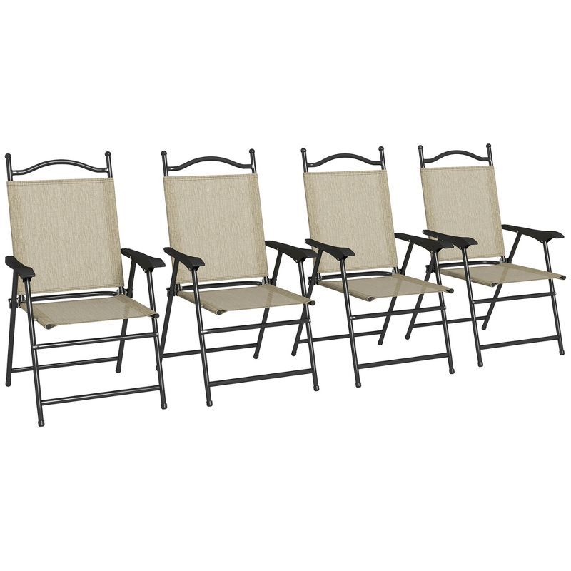 Beige Folding Camping Chairs with Armrests, Set of 4