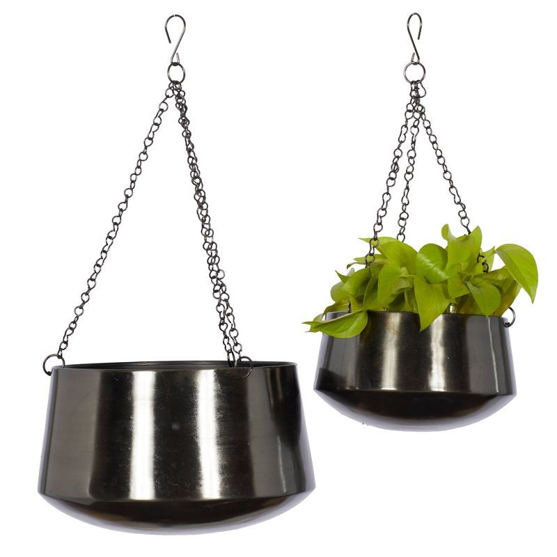 Elegant Black Iron Indoor/Outdoor Hanging Round Planters, Set of 2