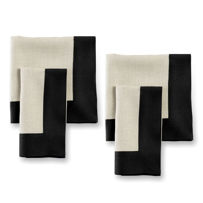 Black and Natural Linen Dinner Napkins Set of 4