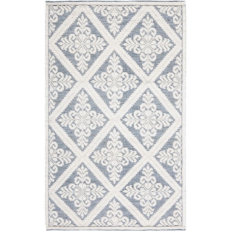 Hand-Knotted Blue and Ivory Wool Rectangular Area Rug