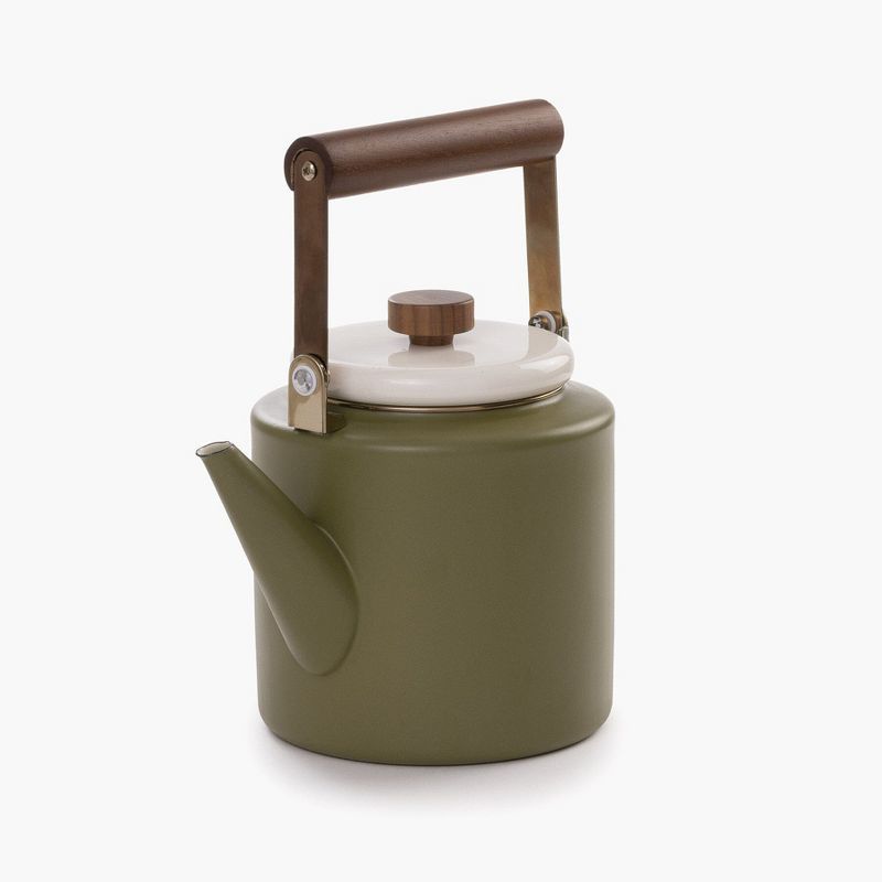 Olive Drab Enamel Kettle with Walnut Handle and Steel Lid