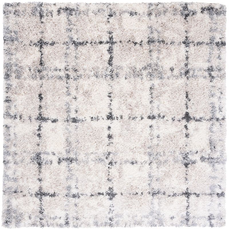 Ivory and Gray Square Shag Synthetic Area Rug