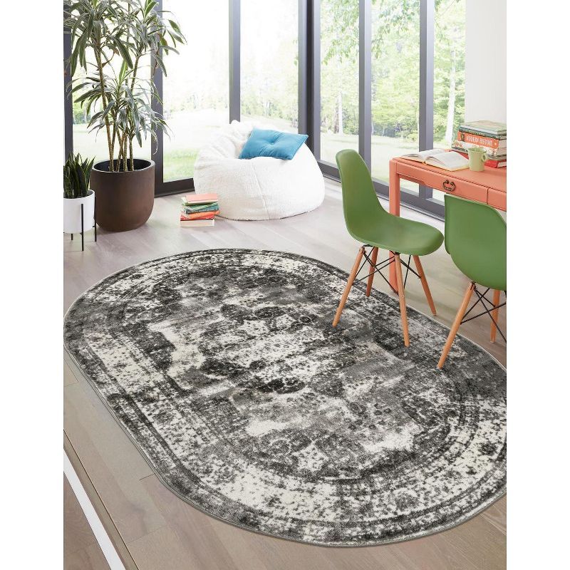 Gray Oval Stain-Resistant Synthetic Area Rug