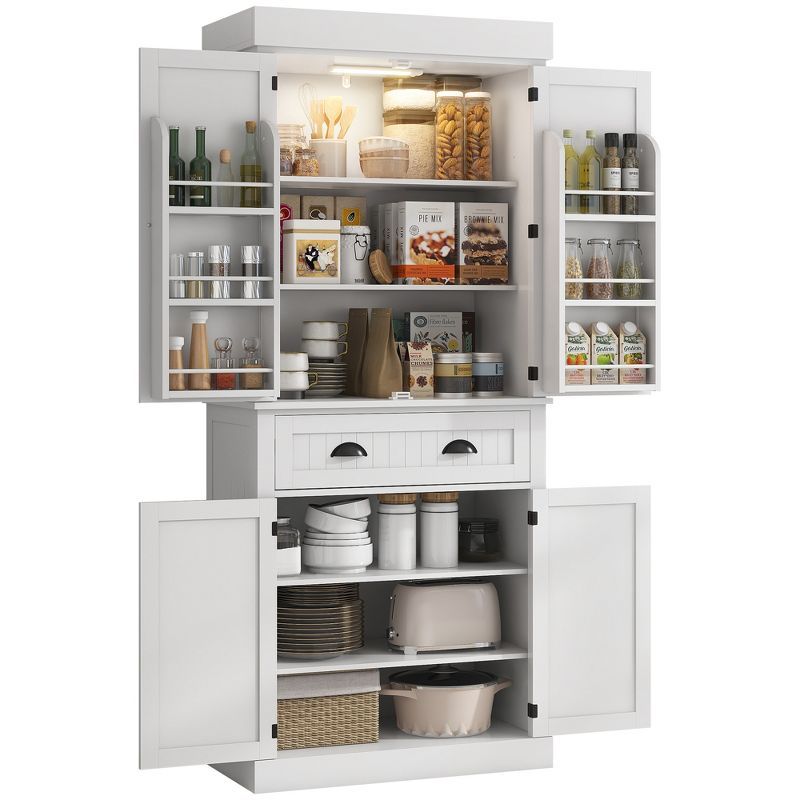 White Tall Kitchen Pantry Cabinet with LED Lights and Adjustable Shelves