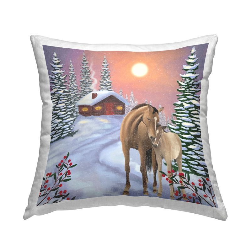 Winter Cabin Horses Hugging Nature Square Decorative Pillow