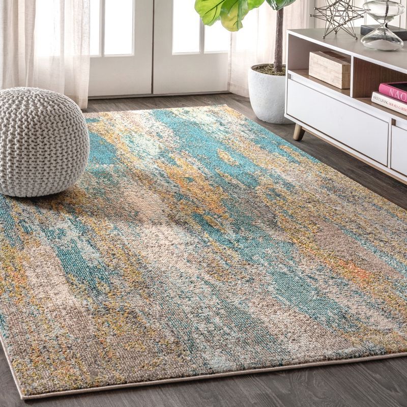 Abstract Aqua and Turquoise 4' x 6' Easy-Care Synthetic Rug