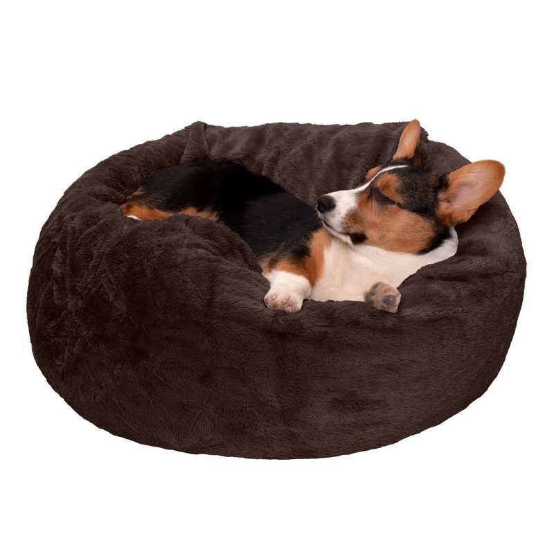 Medium Espresso Faux Fur Round Plush Ball Dog Bed