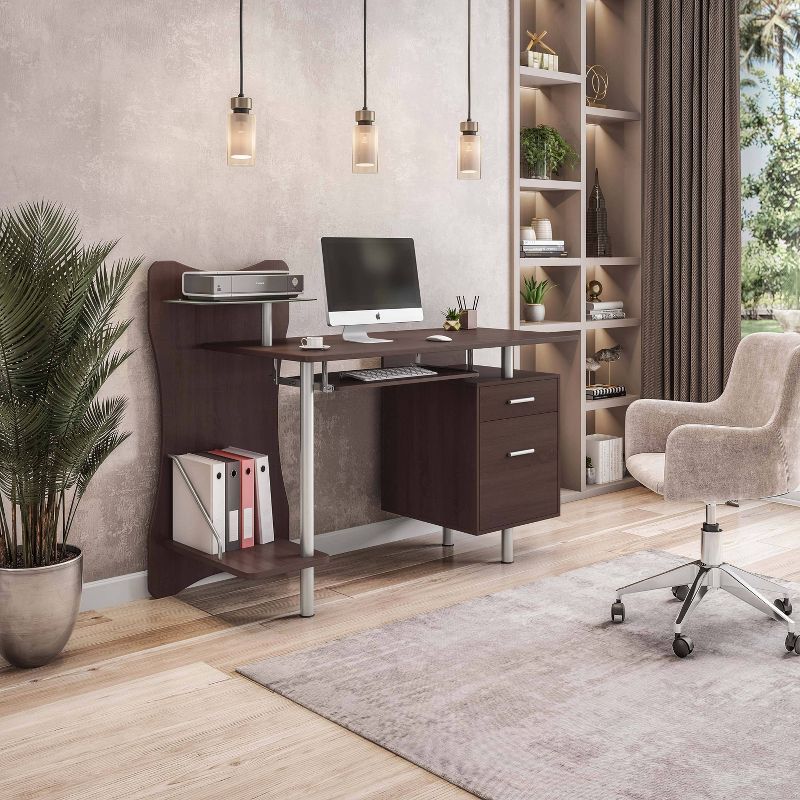 Chocolate Brown Wood Computer Desk with Storage and Keyboard Tray