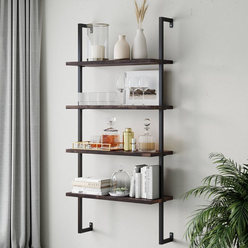 Nutmeg & Black Wood Ladder Bookshelf with Easy-Glide Drawers