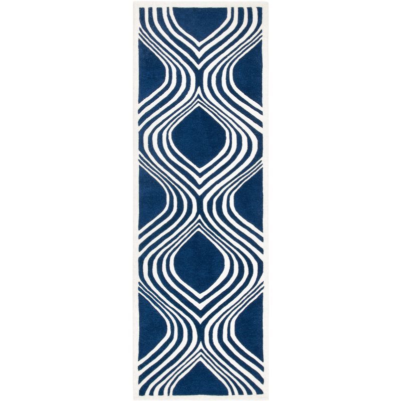 Dark Blue and Ivory Hand-Tufted Wool Runner Rug