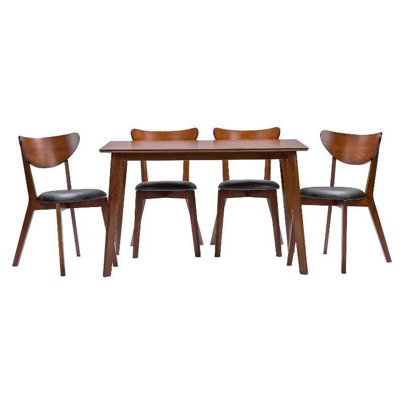 Sumner 5-Piece Walnut Brown Mid-Century Dining Set with Black Faux Leather Chairs