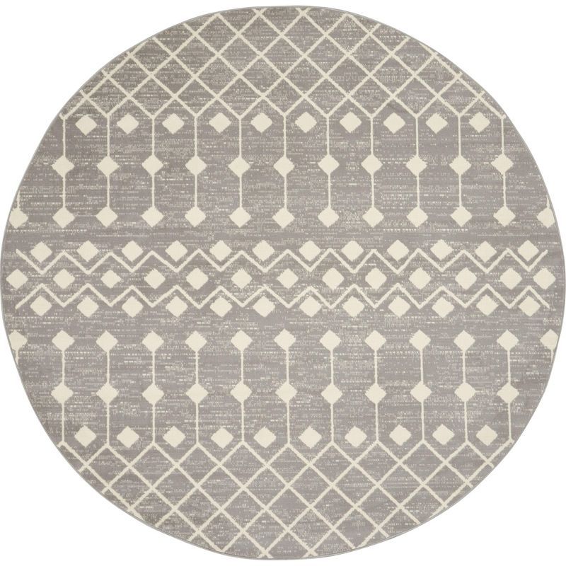 Grafix Gray and Ivory Round Moroccan Diamond Area Rug