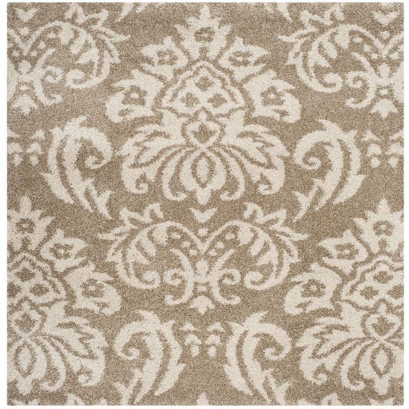 Beige and Cream Floral Shag 5' x 5' Square Rug