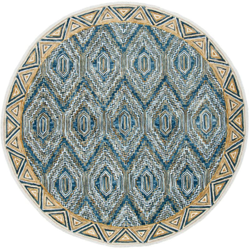 Handmade Blue Geometric Wool Round Area Rug