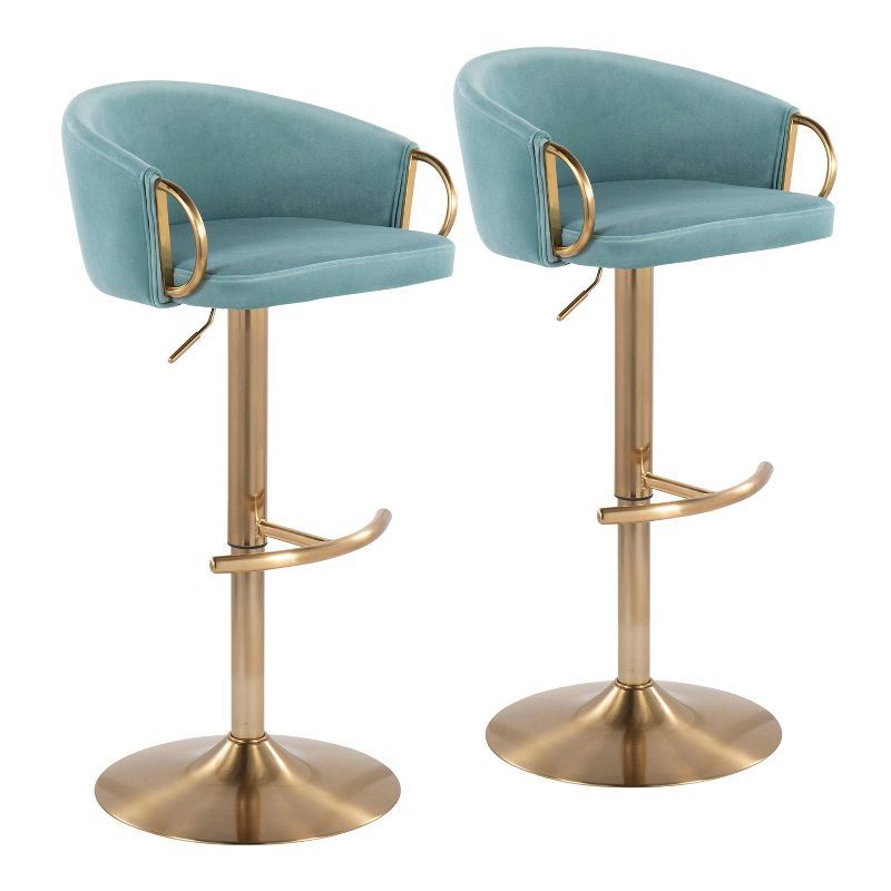 Claire Gold Metal and Light Blue Velvet Adjustable Swivel Barstool Set