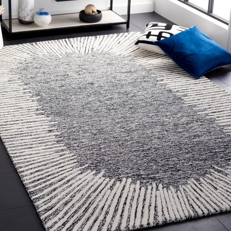 Ivory and Black Abstract Handmade Wool Square Rug, 6 x 6 ft.