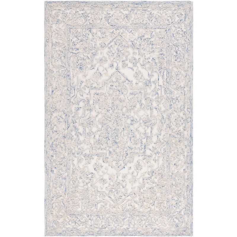 Ivory and Blue Hand Tufted Wool Area Rug