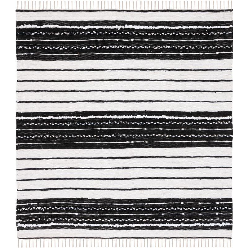 Black and White Striped Wool Cotton Square Rug