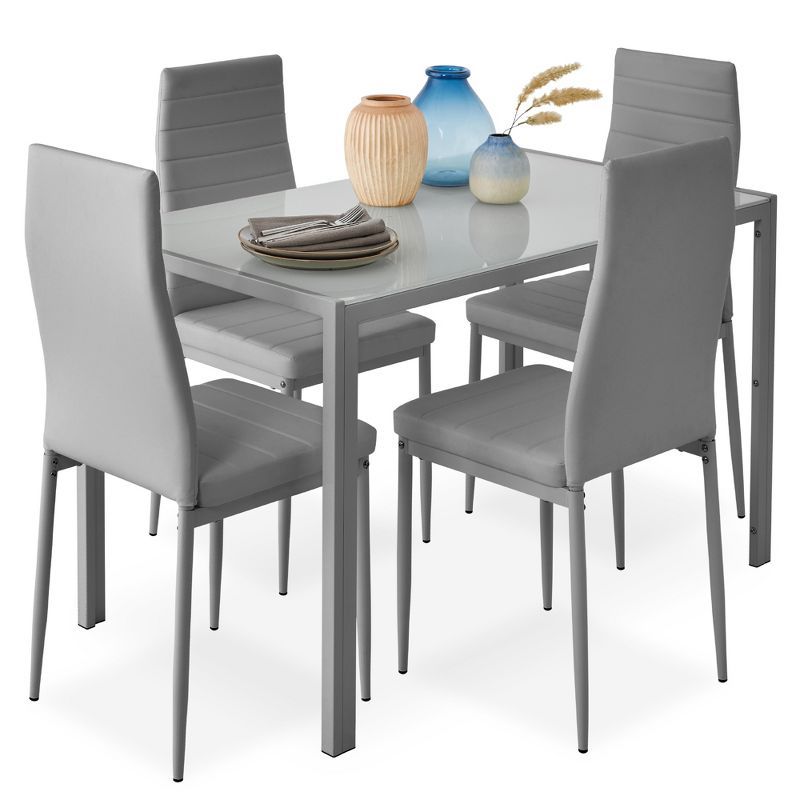 Gray 5-Piece Glass Dining Set with Faux Leather Chairs