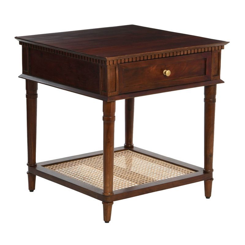 Dark Chestnut Solid Wood End Table with Cane Shelf and Drawer