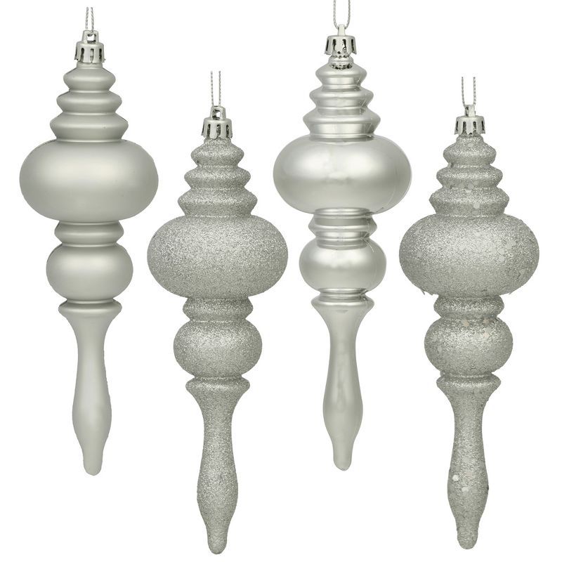 7" Silver Glitter Shatterproof Plastic Finial Tree Ornaments, Set of 8