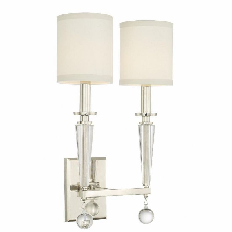 Paxton Elegance 2-Light Polished Nickel Sconce with Silk Shade and Glass Drops