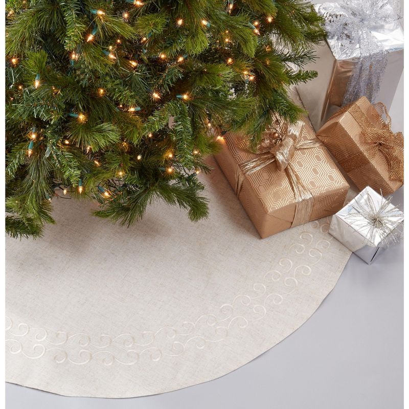 Natural Linen Embroidered Christmas Tree Skirt