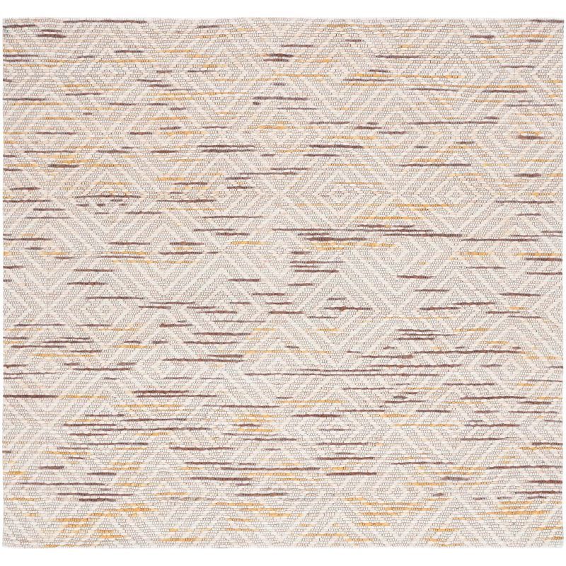 Ivory and Dark Brown Geometric Wool Square Rug, 6' x 6'