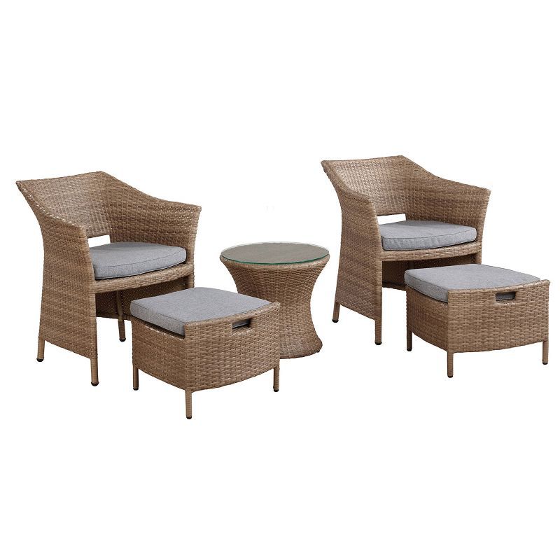 Kokoli 5-Piece Light Brown Wicker Outdoor Conversation Set with Gray Cushions