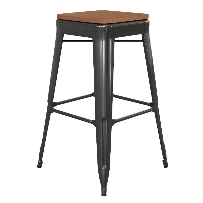 Backless Black Metal Bar Stool with Dark Wood Seat