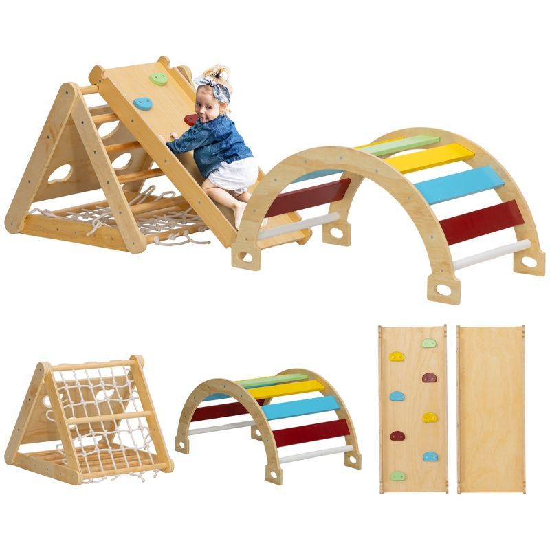 7-in-1 Pinewood Montessori Climbing Set with Slide and Arch