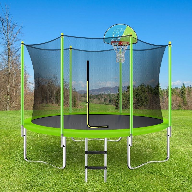 10FT Green Round Trampoline with Safety Enclosure and Basketball Hoop