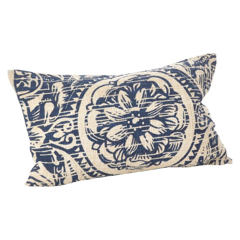 Navy and Beige Floral Distressed Cotton Lumbar Pillow