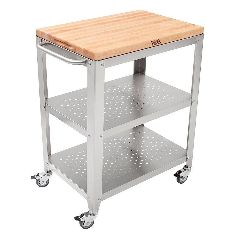 Maple Wood Butcher Block Kitchen Cart with Stainless Steel Frame